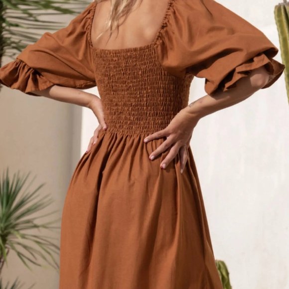 Organic Linen Dress / Smocked / Maxi Length / Puff Sleeves / Plus sizes - Picture 6 of 6